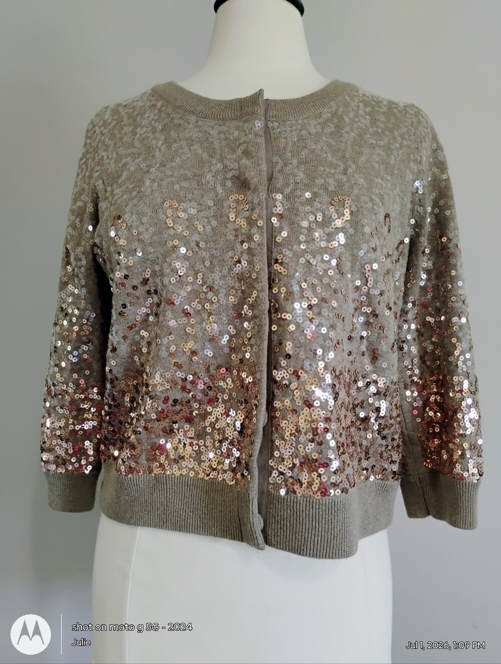 Boston Proper Sequin Ombre Taupe Cardigan Snap Jacket L